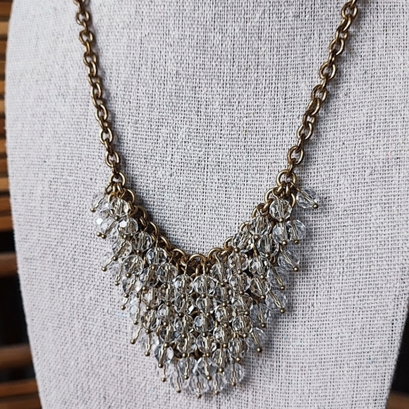 J. Crew Crystal Clear Faceted Beads Brass Tone Chainmaille Statement Necklace - Picture 3 of 12